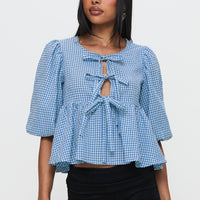 Full House Tie Up Blouse Top Blue Plaid