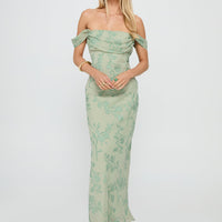 Azura Off The Shoulder Maxi Dress Green Burnout