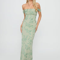 Azura Off The Shoulder Maxi Dress Green Burnout
