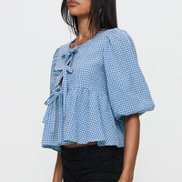Full House Tie Up Blouse Top Blue Plaid