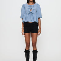 Full House Tie Up Blouse Top Blue Plaid
