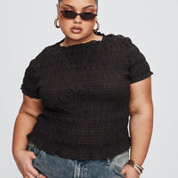 Romelle Shirred Top Black / Brown Plaid