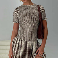 Laurita Shirred Mini Dress Brown Check