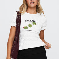 Grazie Mille Shirred Graphic Top White / Green