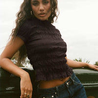 Romelle Shirred Top Black / Brown Plaid