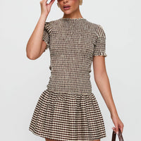 Laurita Shirred Mini Dress Brown Check