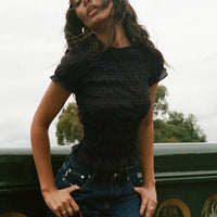 Romelle Shirred Top Black / Brown Plaid