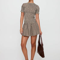 Laurita Shirred Mini Dress Brown Check