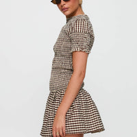 Laurita Shirred Mini Dress Brown Check
