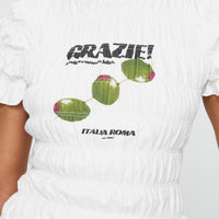 Grazie Mille Shirred Graphic Top White / Green