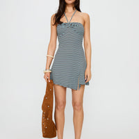 Knoxi Halter Jersey Mini Dress Blue / Brown Stripe