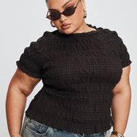 Romelle Shirred Top Black / Brown Plaid