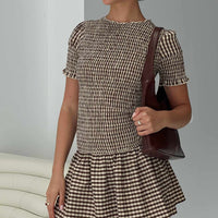 Laurita Shirred Mini Dress Brown Check