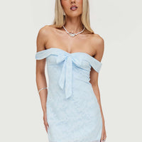 Christiana Off Shoulder Mini Dress Light Blue Burnout