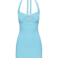 Golden Era Halter Mini Dress Blue Stripe