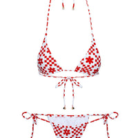 Jenner Tie Side Ruched Bikini Bottom Red Check