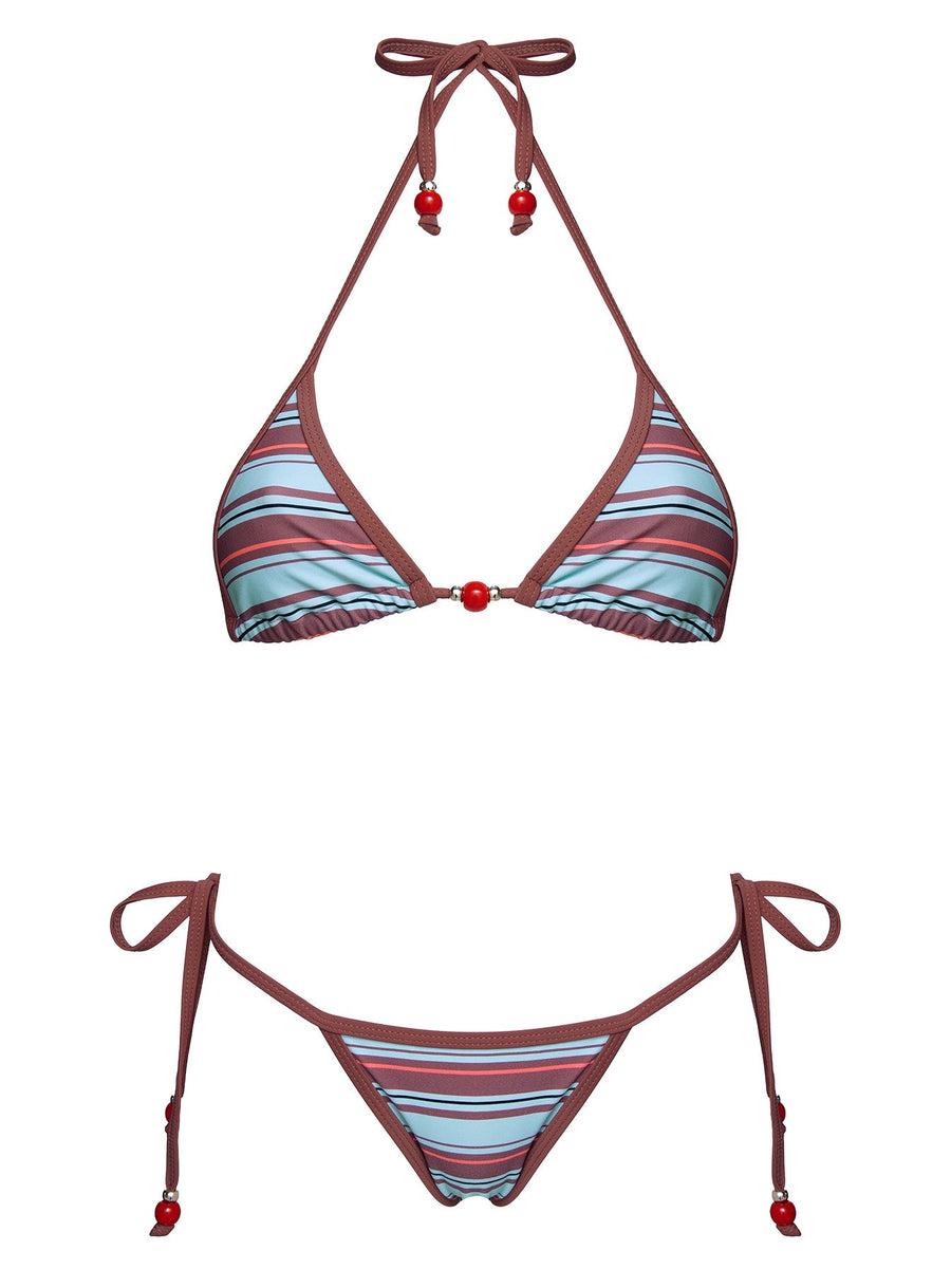 Mikaya Beaded Triangle Bikini Top Blue / Brown Stripe